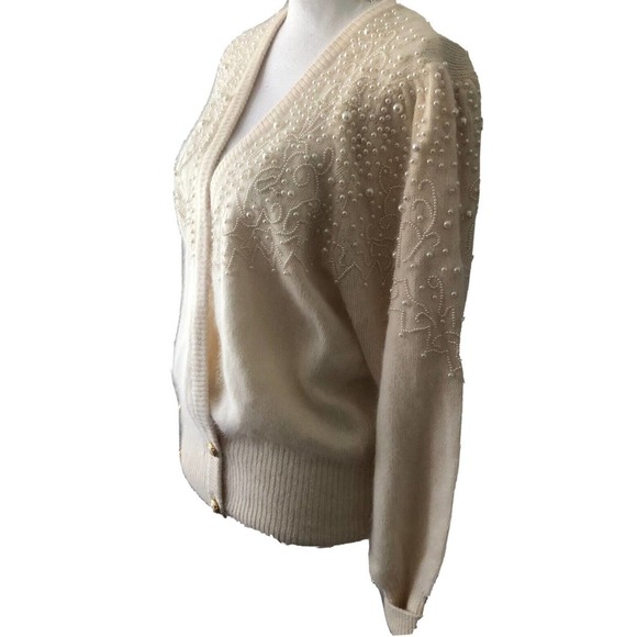 Vintage Sideffects Cream Knit Lambswool Angora Rabbit Hair Sweater Pearls M - Picture 4 of 9